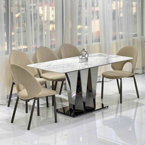 Bàn ăn Vivienne mặt đá thạch anh vi tinh thể xuyên sáng với chân inox gương cao cấp.