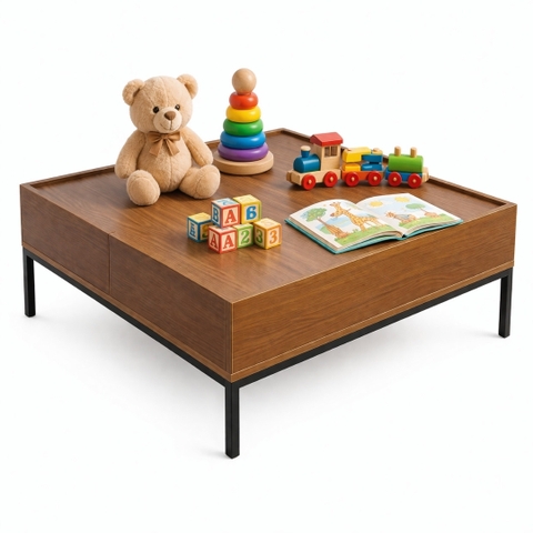 Bàn Chơi Trẻ Em MDF Melamine 80x80x35cm Có Ngăn Kéo Lưu Trữ Chân Sắt Sơn Tĩnh Điện KN Home Decor