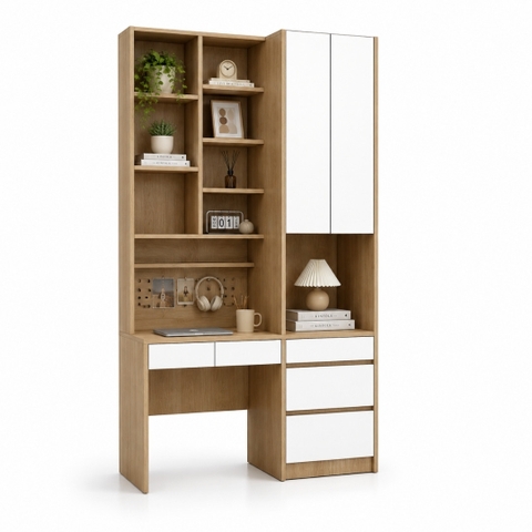 Bàn Học Kèm Giá Sách Và Tủ Lưu Trữ MDF Chống Ẩm 140x50x250cm KN-BHGS14050250