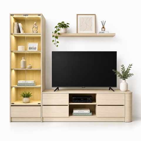 Bộ Kệ Tivi Kết Hợp Tủ Rượu Cánh Kính Cường Lực 8mm 215x40x180cm KN-KTVTR21540180