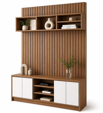 Kệ Tivi Vách Lam Trang Trí MDF Melamine 160x36x250cm Kết Hợp Tủ Lưu Trữ KN Home Decor