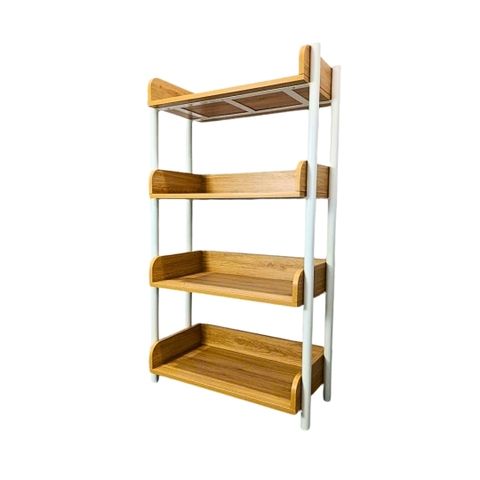“Kệ để đồ đa năng 4 tầng bằng gỗ MDF phủ Melamine dày 17mm, kết hợp khung sắt sơn tĩnh điện chắc chắn, kích thước D71 x C125 x S35 cm, màu trắng, gỗ sồi vàng và vân gỗ xám – phong cách hiện đại, tối giản.”