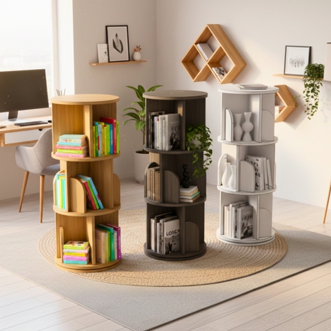 Kệ sách xoay 360 độ gỗ MDF phủ Melamine dày 15mm, đường kính 46cm, cao 100-160cm, màu trắng, gỗ sồi vàng và vân gỗ xám, thiết kế thông minh tiết kiệm không gian