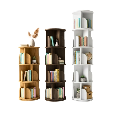 Kệ sách xoay 360 độ gỗ MDF phủ Melamine dày 15mm, đường kính 46cm, cao 100-160cm, màu trắng, gỗ sồi vàng và vân gỗ xám, thiết kế thông minh tiết kiệm không gian