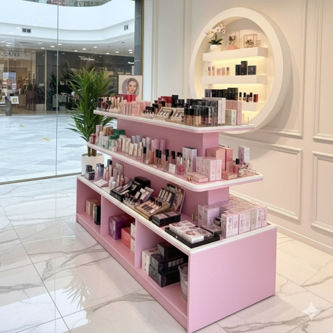 Ảnh màu hồng: Kệ trưng bày mỹ phẩm 3 tầng gỗ MDF phủ Melamine màu hồng pastel kích thước 120x60x100 cm, phù hợp shop mỹ phẩm và spa.