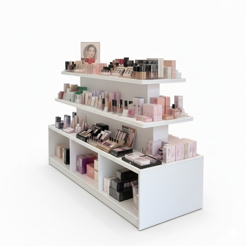 Kệ trưng bày mỹ phẩm 3 tầng gỗ MDF phủ Melamine màu trắng kích thước 120x60x100 cm, thiết kế hiện đại cho showroom và cửa hàng.
