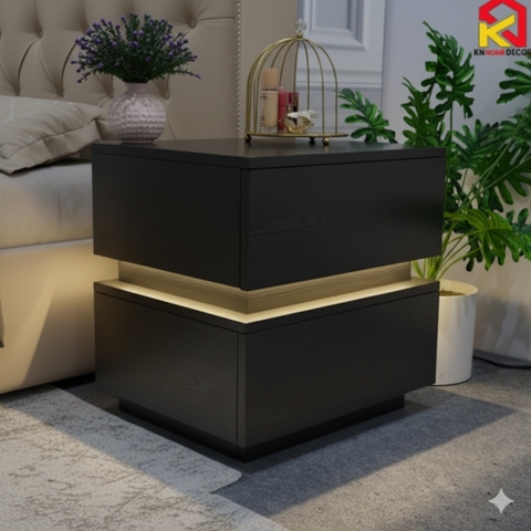 Tab đầu giường MDF phủ Melamine thiết kế tối giản, phát sáng, có ngăn kéo tiện dụng, thương hiệu KN Home Decor.