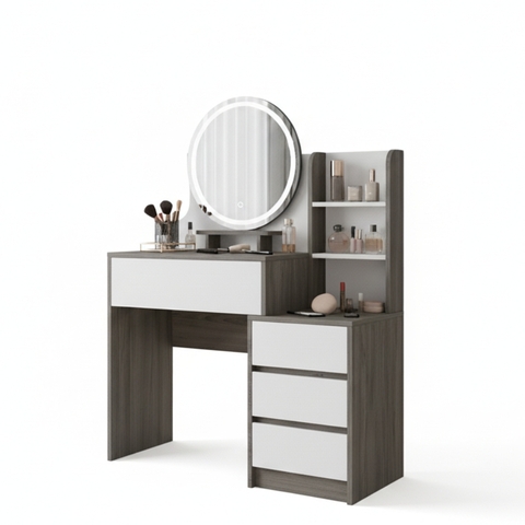 Bàn trang điểm MDF phủ Melamine có gương Led và ngăn để mỹ phẩm, thiết kế thanh lịch, thương hiệu KN Home Decor