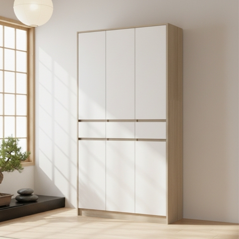 Tủ giày 100x35x200cm MDF 17mm phủ Melamine, hậu MDF 6mm chống ẩm, 6 cánh mở bản lề inox