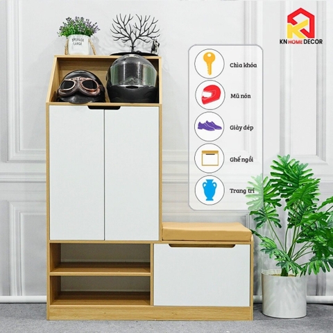 “Tủ giày lắp ráp gỗ MDF phủ Melamine dày 12-15mm, kích thước R90C120S33cm, có đệm ngồi bọc da tiện dụng. Thiết kế hiện đại, nhỏ gọn, 4 màu sắc: trắng, gỗ sồi vàng, vân gỗ xám, nâu óc chó. Phù hợp cho chung cư, nhà phố.”