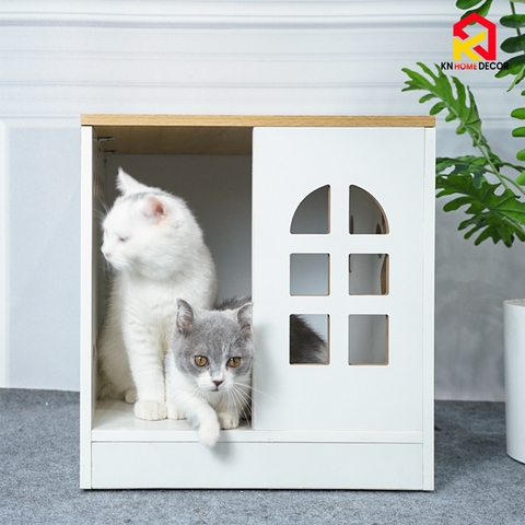 Chuồng mèo MDF phủ Melamine có ô thông thoáng, cửa kính mica và ngăn vệ sinh, thương hiệu KN Home Decor.