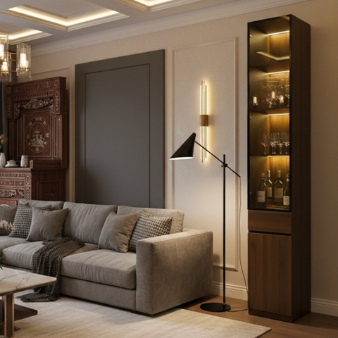 Tủ rượu cao 2640mm phù hợp trưng bày phòng khách sang trọng.