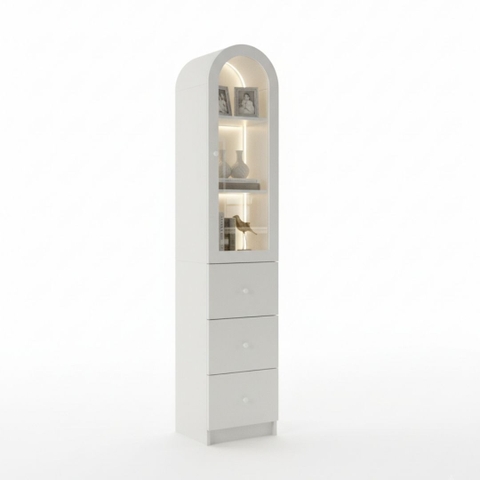 Tủ trang trí gỗ MDF phủ melamine phối kính cường lực 5mm, đèn led – thiết kế hiện đại, sang trọng