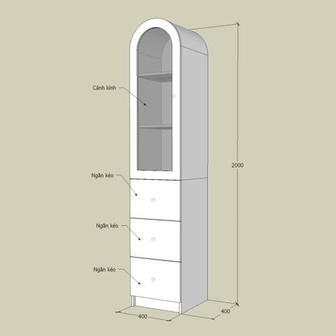 Tủ trang trí gỗ MDF phủ melamine phối kính cường lực 5mm, đèn led – thiết kế hiện đại, sang trọng