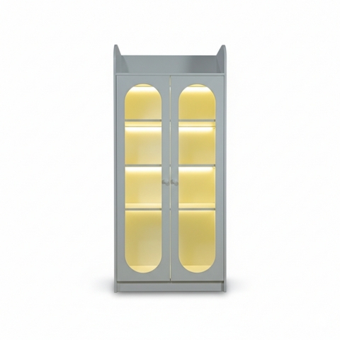 Tủ trang trí MDF phủ melamine cánh kính cường lực bo cong có đèn LED