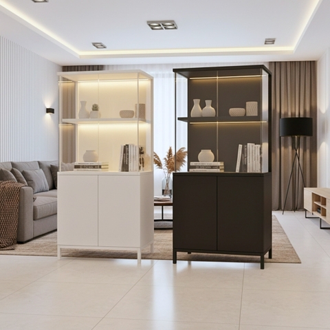 Tủ trưng bày MDF phủ melamine phối kính cường lực 8mm sang trọng – KN Home Décor