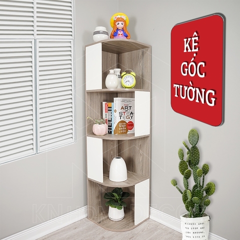 Kệ góc MDF phủ Melamine nhiều tầng, giúp tận dụng góc tường hiệu quả, thương hiệu KN Home Decor.