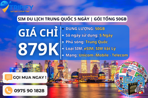 SIM DU LỊCH TRUNG QUỐC 5 NGÀY | GÓI TỔNG 50GB