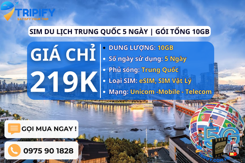 SIM DU LỊCH TRUNG QUỐC 5 NGÀY | GÓI TỔNG 10GB
