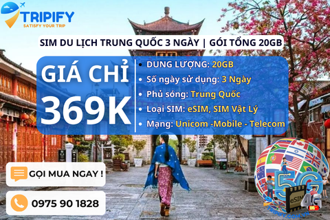 SIM DU LỊCH TRUNG QUỐC 3 NGÀY | GÓI TỔNG 20GB