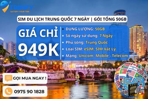 SIM DU LỊCH TRUNG QUỐC 7 NGÀY | GÓI TỔNG 50GB
