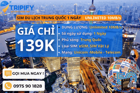 SIM DU LỊCH TRUNG QUỐC 1 NGÀY | GÓI UNLIMITED 10MB/s
