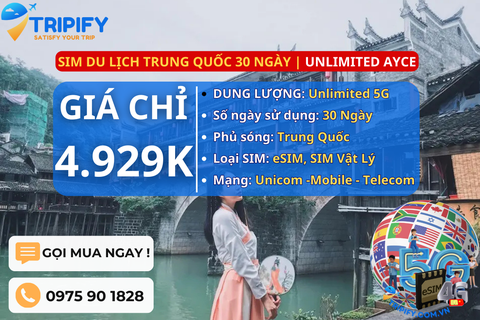 SIM DU LỊCH TRUNG QUỐC 30 NGÀY | GÓI UNLIMITED AYCE
