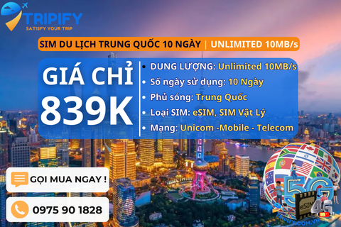 SIM DU LỊCH TRUNG QUỐC 10 NGÀY | GÓI UNLIMITED 10MB/s