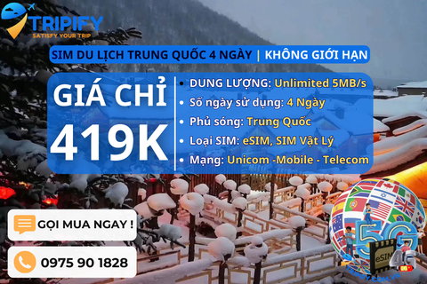 SIM DU LỊCH TRUNG QUỐC 4 NGÀY | GÓI UNLIMITED 5MB/s