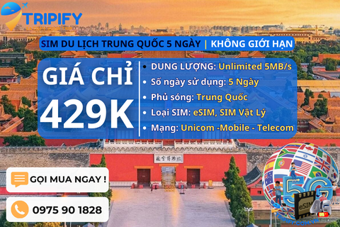 SIM DU LỊCH TRUNG QUỐC 5 NGÀY | GÓI UNLIMITED 5MB/s