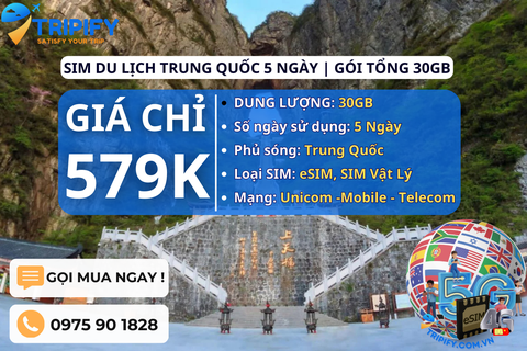 SIM DU LỊCH TRUNG QUỐC 5 NGÀY | GÓI TỔNG 30GB