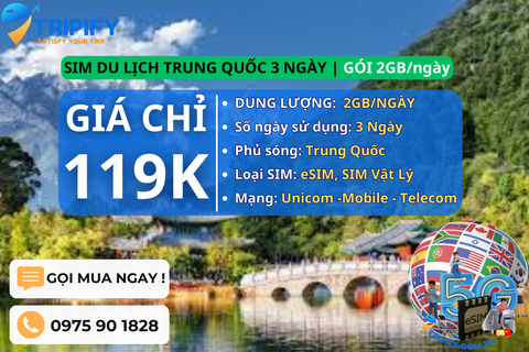 SIM DU LỊCH TRUNG QUỐC 3 NGÀY | GÓI 2GB/NGÀY