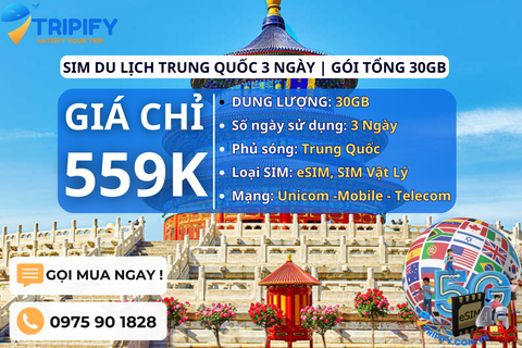 SIM DU LỊCH TRUNG QUỐC 3 NGÀY | GÓI TỔNG 30GB