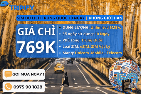 SIM DU LỊCH TRUNG QUỐC 10 NGÀY | GÓI UNLIMITED 5MB/s