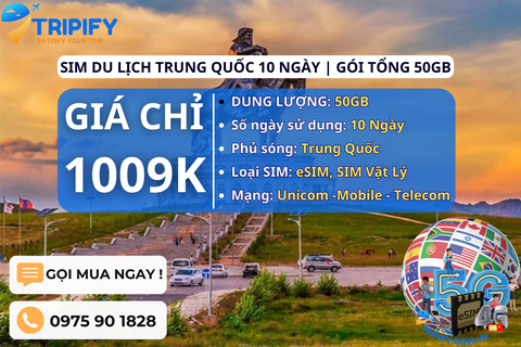 SIM DU LỊCH TRUNG QUỐC 10 NGÀY | GÓI TỔNG 50GB