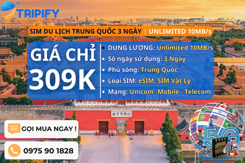SIM DU LỊCH TRUNG QUỐC 3 NGÀY | GÓI UNLIMITED 10MB/s