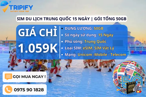 SIM DU LỊCH TRUNG QUỐC 15 NGÀY | GÓI TỔNG 50GB