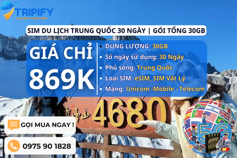 SIM DU LỊCH TRUNG QUỐC 30 NGÀY | GÓI TỔNG 30GB