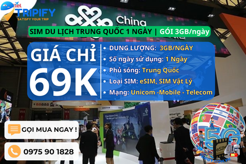 SIM DU LỊCH TRUNG QUỐC 1 NGÀY | GÓI 3GB/NGÀY