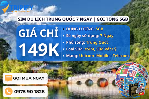 SIM DU LỊCH TRUNG QUỐC 7 NGÀY | GÓI TỔNG 5GB