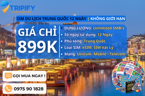 SIM DU LỊCH TRUNG QUỐC 12 NGÀY | GÓI UNLIMITED 5MB/s