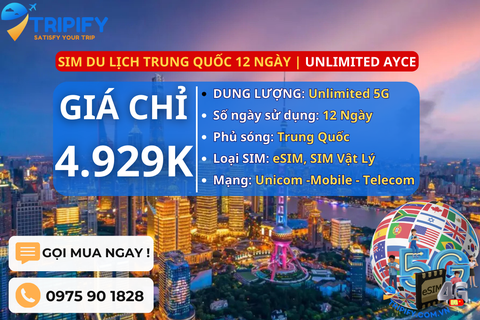 SIM DU LỊCH TRUNG QUỐC 12 NGÀY | GÓI UNLIMITED AYCE