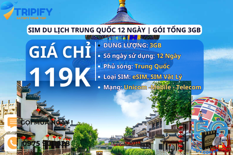 SIM DU LỊCH TRUNG QUỐC 12 NGÀY | GÓI TỔNG 3GB