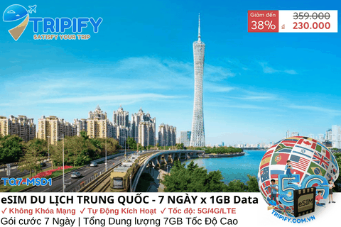 eSIM DU LỊCH TRUNG QUỐC GIÁ RẺ 7 NGÀY - DUNG LƯỢNG 1GB/NGÀY