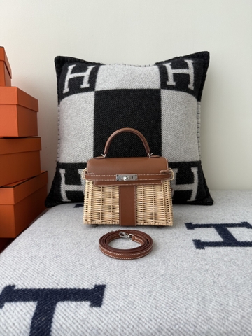 Kelly Mini Picnic Basket 20cm - Gold Brown with Silver Hardware
