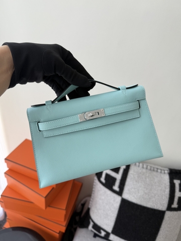 Kelly Pochette 22cm Bleu Zephyr Swift Skin Gold Hardware