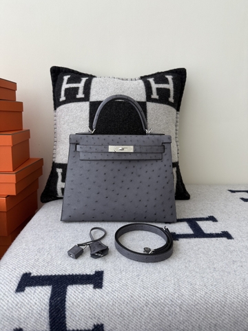 Kelly Original Leather Ostrich Skin Bag 28cm - CK82 Gris Agate