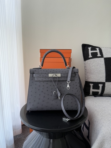Kelly Original Leather Ostrich Skin Bag 28cm - CK82 Gris Agate