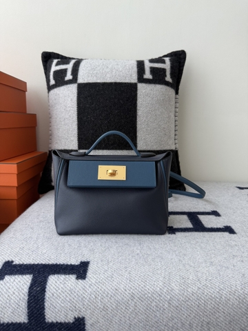 Kelly 2424 Mini 21cm Togo Swift Leather Handbag - Midnight Blue with Gold Hardware