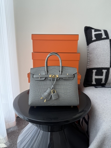 Birkin 20cm Matte Porosus Crocodile - Gris Neve Gold Hardware